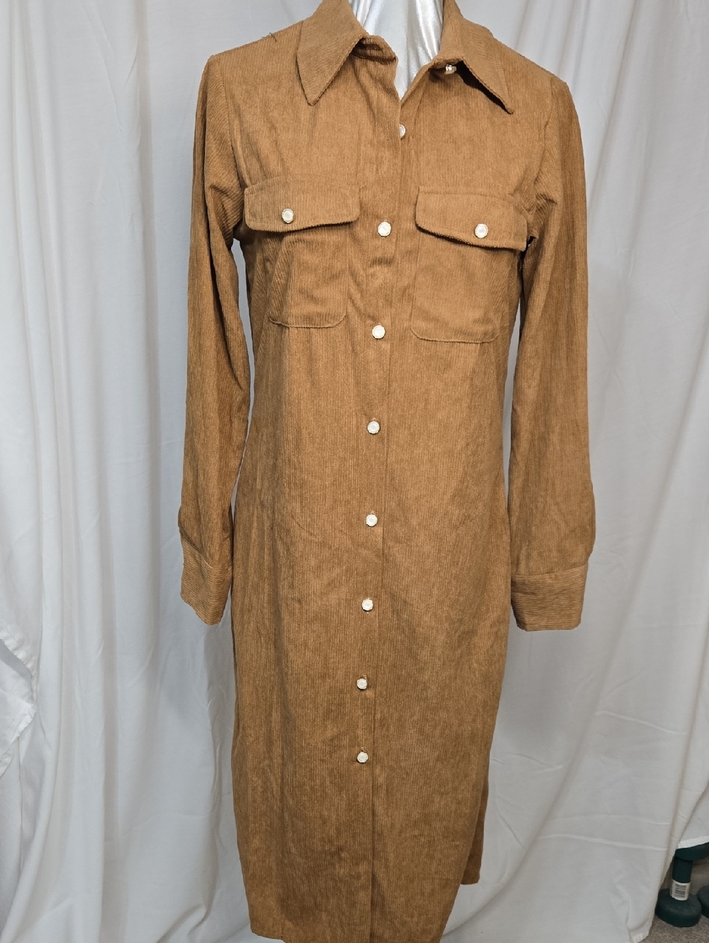 Corduroy Button-Front Shirt Dress in Camel